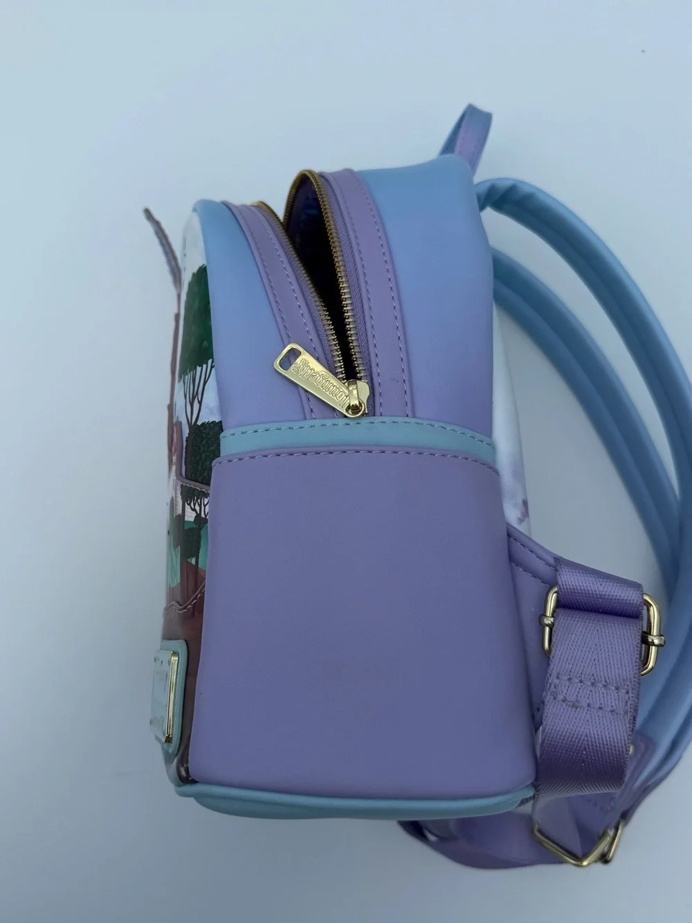 Loungefly Lavender and Sky Blue Rapunzel Castle Mini Backpack